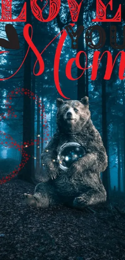 A bear with a mystical sphere sits in a twilight forest expressing love.