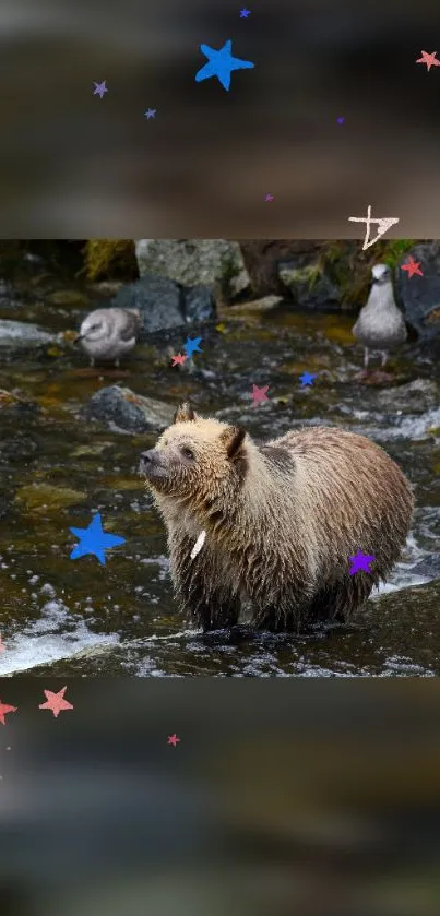 Bear standing in a stream with colorful star accents, perfect for nature wallpaper.