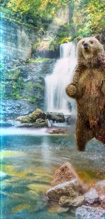 Majestic bear stands in a lush waterfall landscape, depicting nature's beauty.