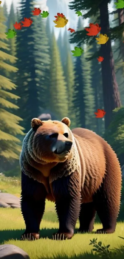 Majestic bear standing in a serene forest with lush greenery.