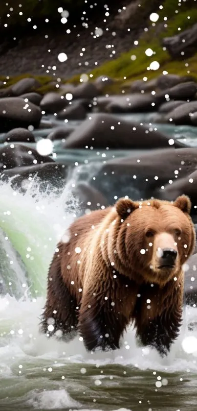 A brown bear stands in a snowy river landscape.