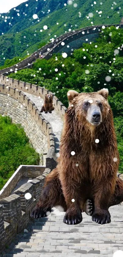 Majestic bear on the Great Wall with snow falling over lush greenery.