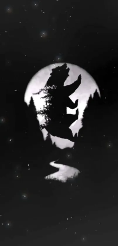 Silhouette of a bear against a full moon in a starry night sky.