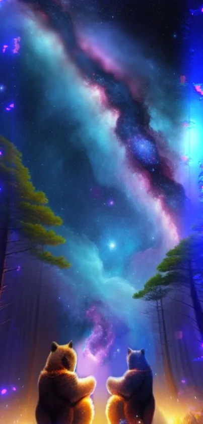 Bears stargazing in a mystical forest under a cosmic night sky.