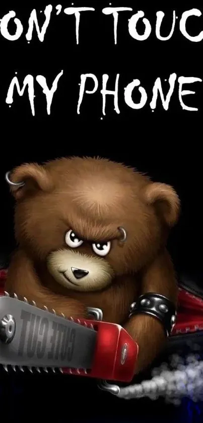 Fierce bear with chainsaw phone wallpaper.