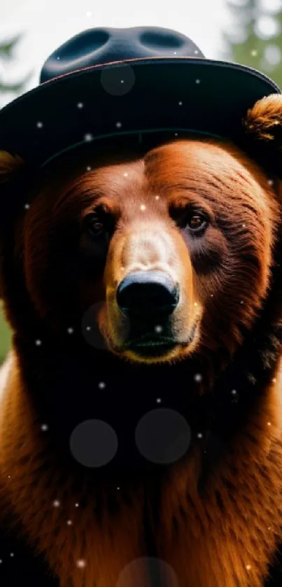 Bear in a stylish hat with a forest background.