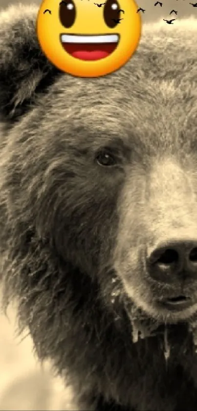 Sepia bear with a smiley emoji on its head, natural background.