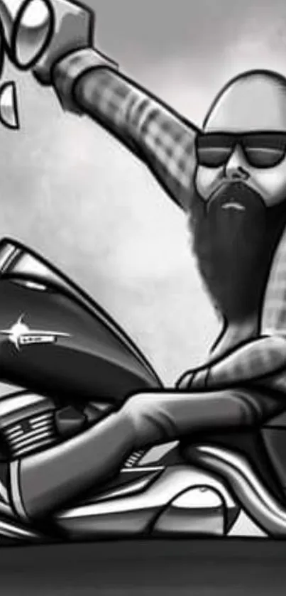 Cartoon bearded biker on motorcycle in grayscale art.