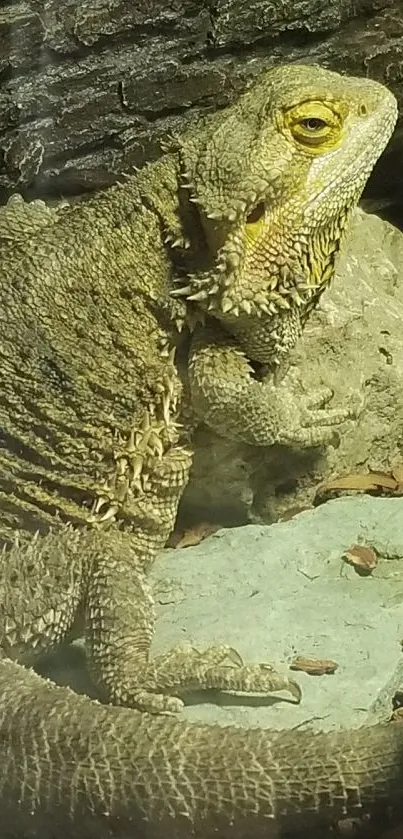 Bearded dragon reptile on a rock with natural background