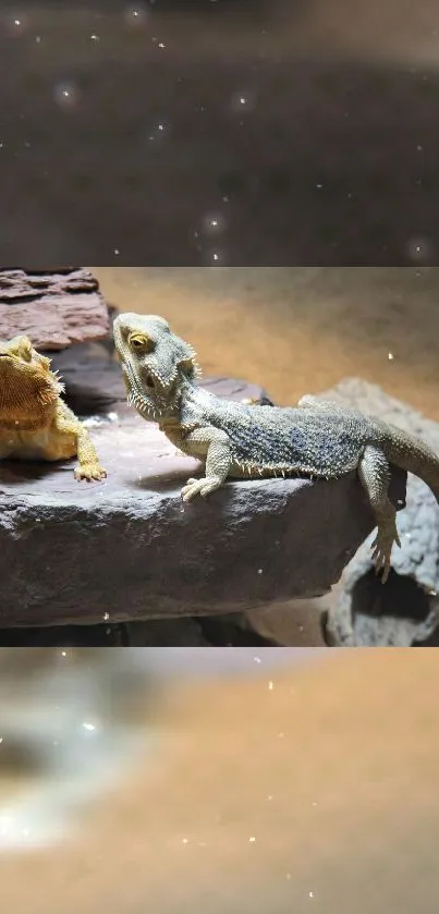 Bearded dragons perched on a rock with a starry background effect.