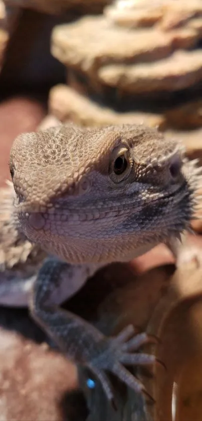 Bearded dragon lizard resting on rocky surface.