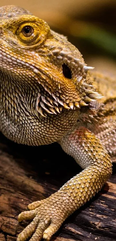 Bearded dragon lizard resting on a log.