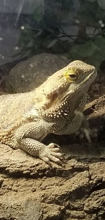 Bearded dragon resting on textured rock under warm light.