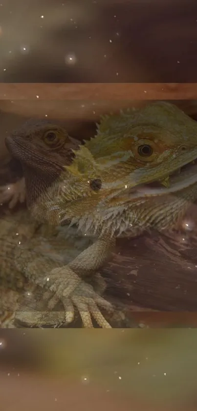 Bearded dragons in a cosmic-themed wallpaper with a brown and mystical background.