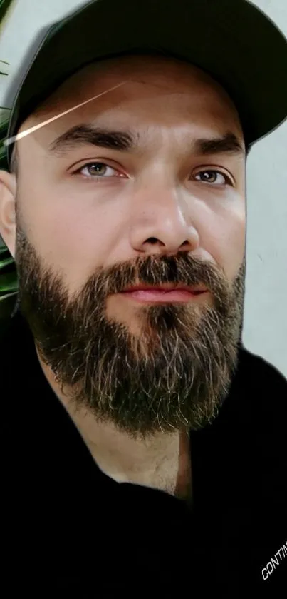 Bearded man in black with green leaves in the background.