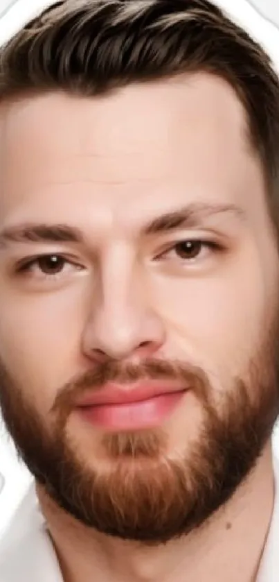 Portrait of a bearded man with expressive eyes on a beige background.