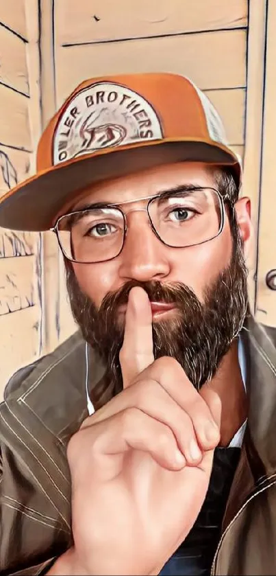 Bearded man with cap posing quietly in rustic wooden setting.