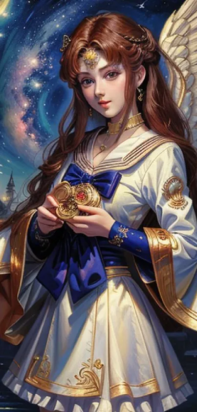 Angelic figure in celestial, starry backdrop with golden accents.