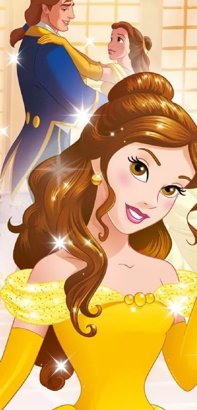 Animated princess with vibrant yellow dress and enchanted background.