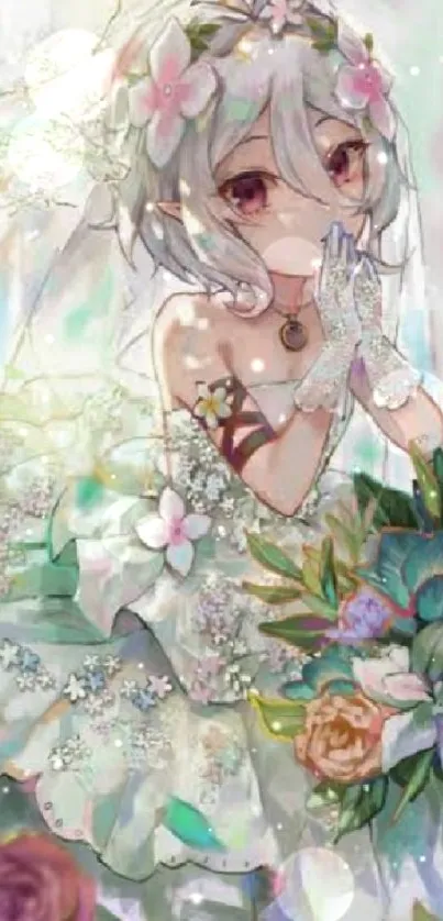 Beautiful anime bride with floral bouquet, white dress, and delicate features.