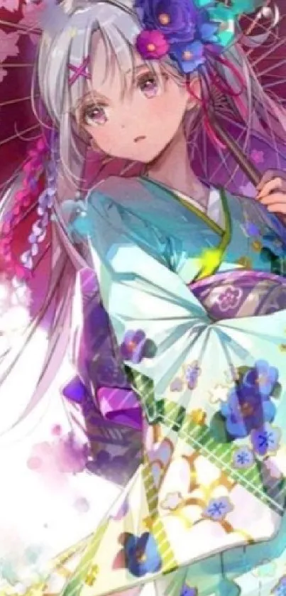 Anime girl in vibrant kimono with floral design and purple tones.