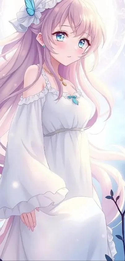 Ethereal anime girl in a white dress with pastel background.