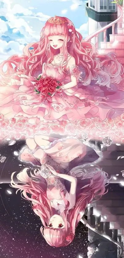 Anime girl in pink dress with reflection, fantasy background.