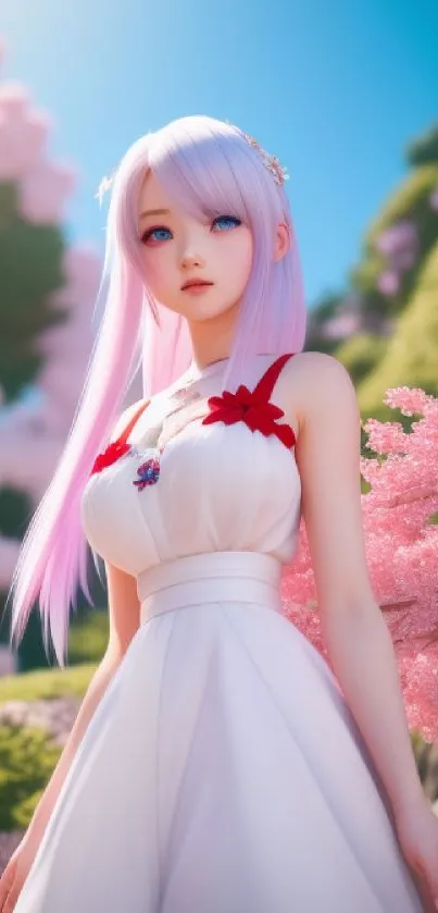 Anime character with pink hair among cherry blossoms in a serene setting.