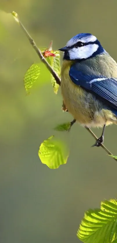 Blue tit on a branch with green leaves in a natural setting.