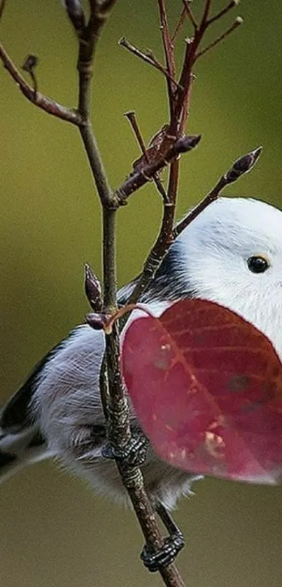 Bird perched on a branch with red leaves, captivating mobile wallpaper.