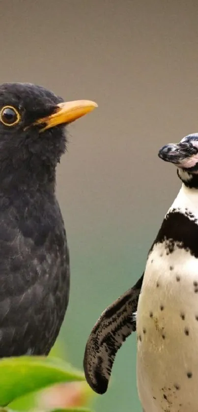 Blackbird and penguin standing together in nature.
