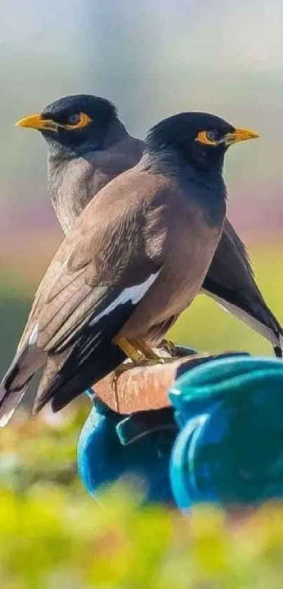 Two myna birds perched on a vibrant branch in natural light.