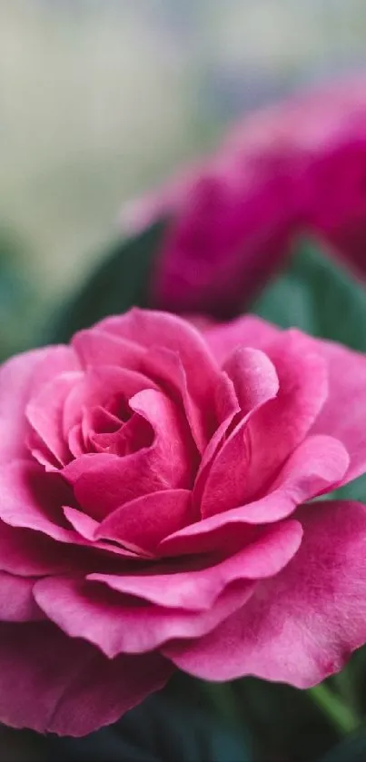 A close-up of a vibrant pink rose in full bloom with green leaves.