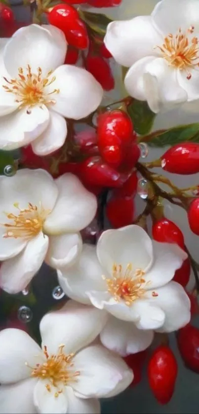 White blossoms with red berries and green leaves on wallpaper.