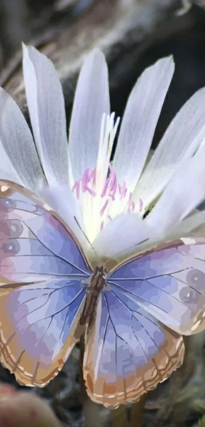 Vibrant butterfly on a delicate flower in nature-inspired wallpaper.