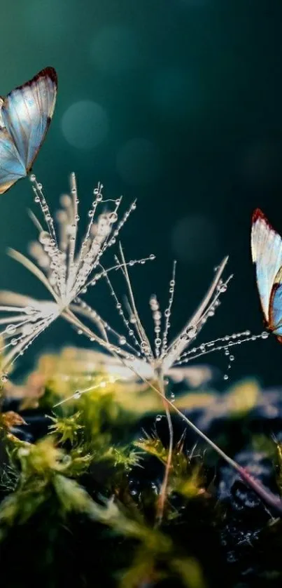 Butterflies on dew-drenched dandelions with a lush green background.