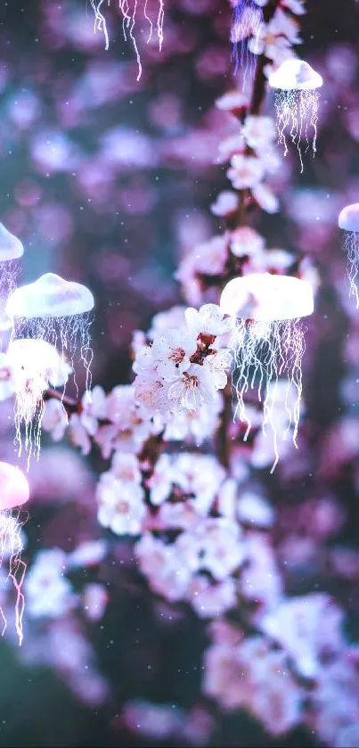 Cherry blossom branches with pink flowers on a blurred purple background.