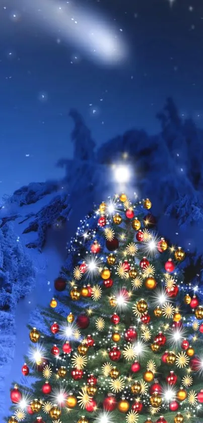 Decorated Christmas tree under a starry, snowy night sky.
