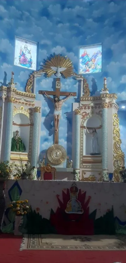 Serene church interior with altars and blue ceiling, perfect mobile wallpaper.