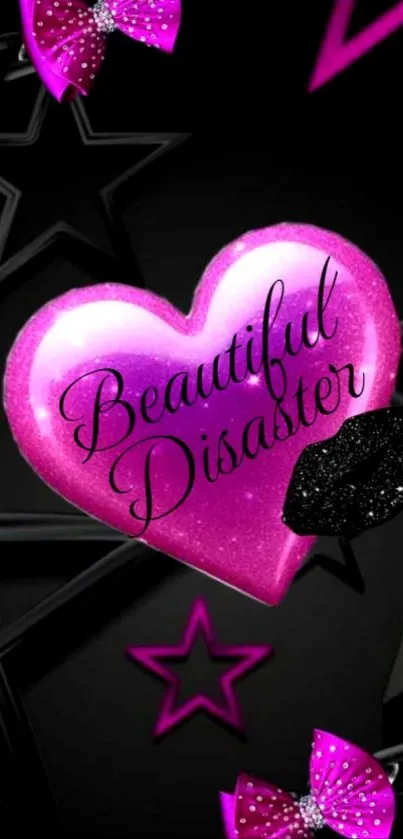 Pink heart wallpaper with 'Beautiful Disaster'.
