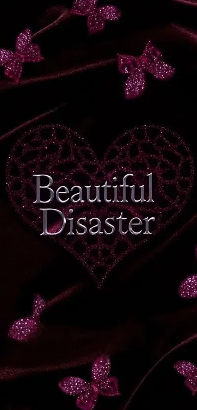 Beautiful Disaster heart with butterflies wallpaper on a dark background.