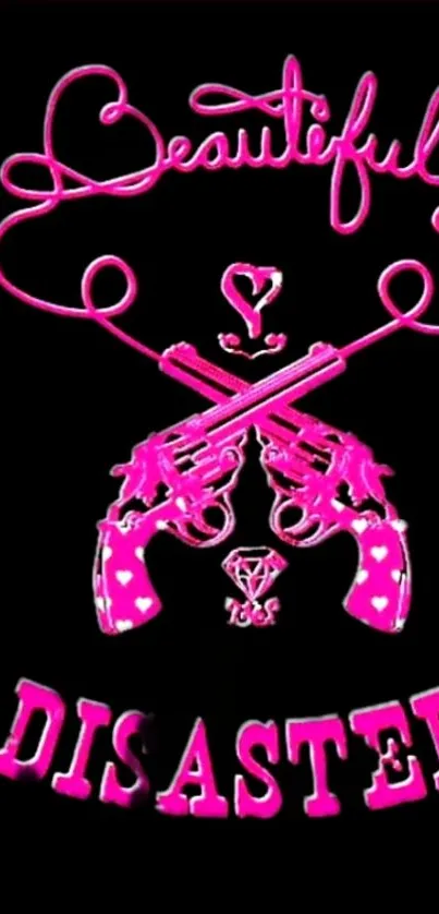 Bold pink neon art with crossed pistols and "Beautiful Disaster" text on black.