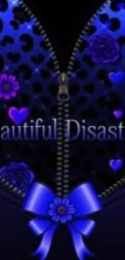 Beautiful Disaster with vibrant hearts and zipper.