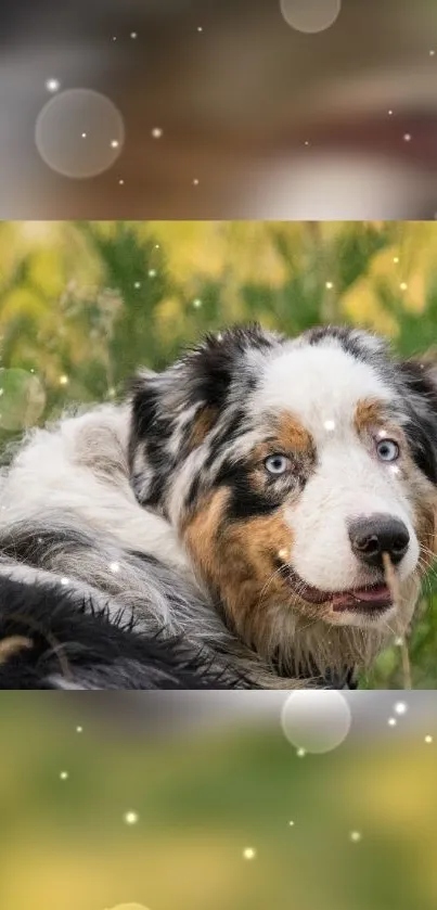 Beautiful dog with blue eyes in a lush green field mobile wallpaper.