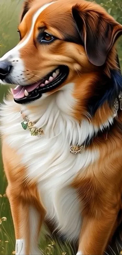 A beautiful dog sits in a lush green field filled with small flowers.