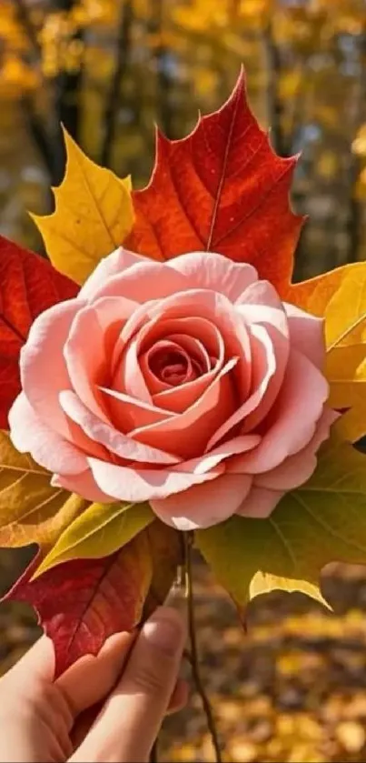 A pink rose surrounded by colorful autumn leaves.