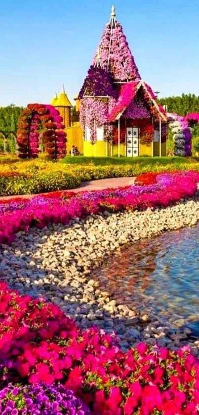 Vibrant floral garden with colorful flowers and calm water body.