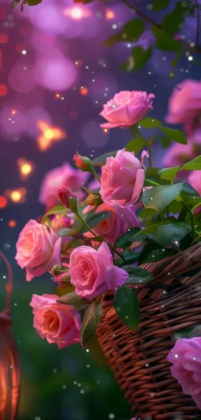 Basket of pink roses under glowing lanterns in a night garden setting.