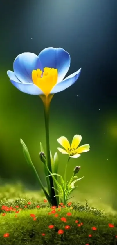 Floral wallpaper with blue and yellow flowers on a green field.