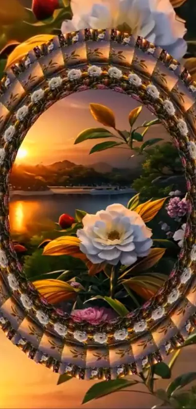 Floral sunset wallpaper with layered flowers and tranquil lake.